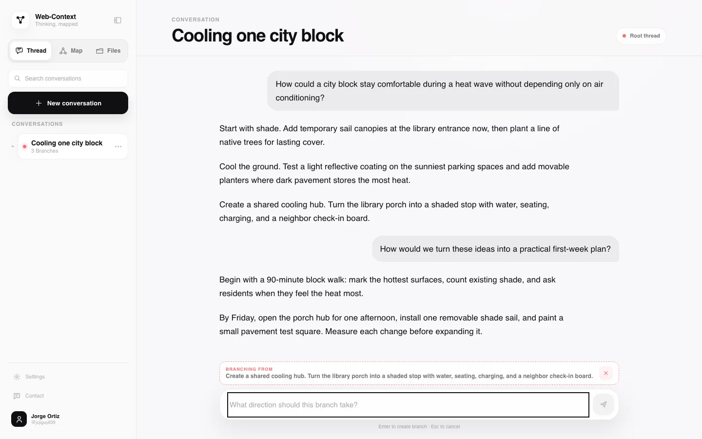 Lineage App branch composer anchored to the response block about creating a shared cooling hub