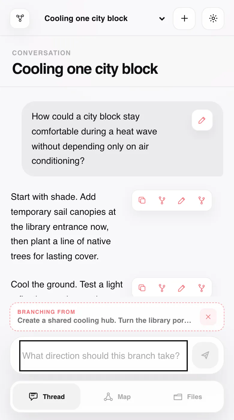 Lineage App branch composer anchored to the response block about creating a shared cooling hub