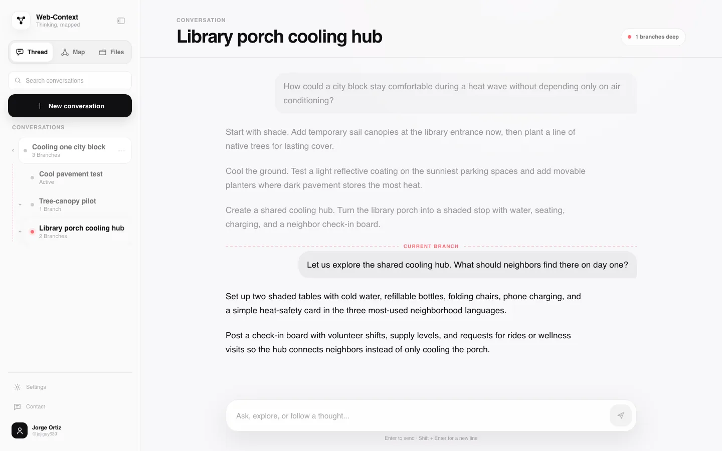 A child conversation titled Library porch cooling hub showing its parent context and Current branch divider
