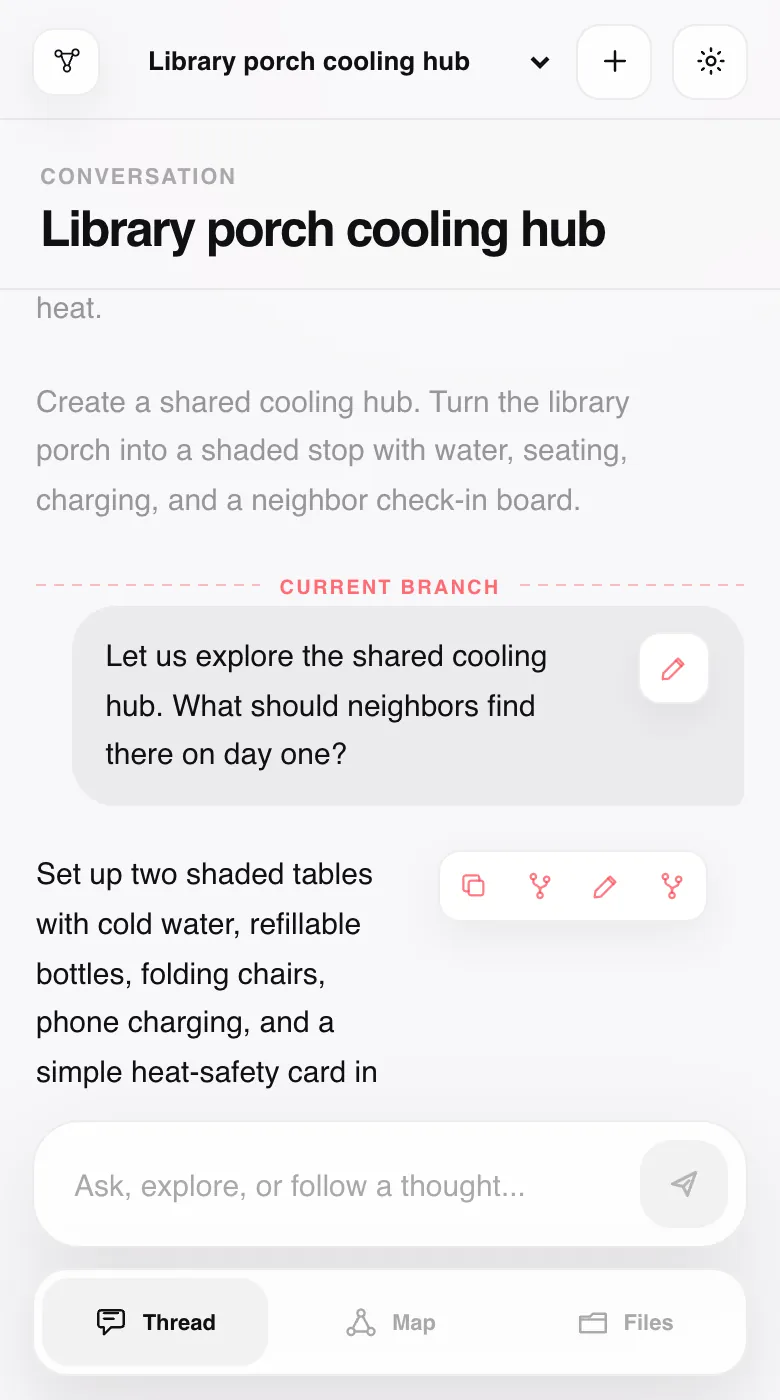 A child conversation titled Library porch cooling hub showing faded parent context above its Current branch divider