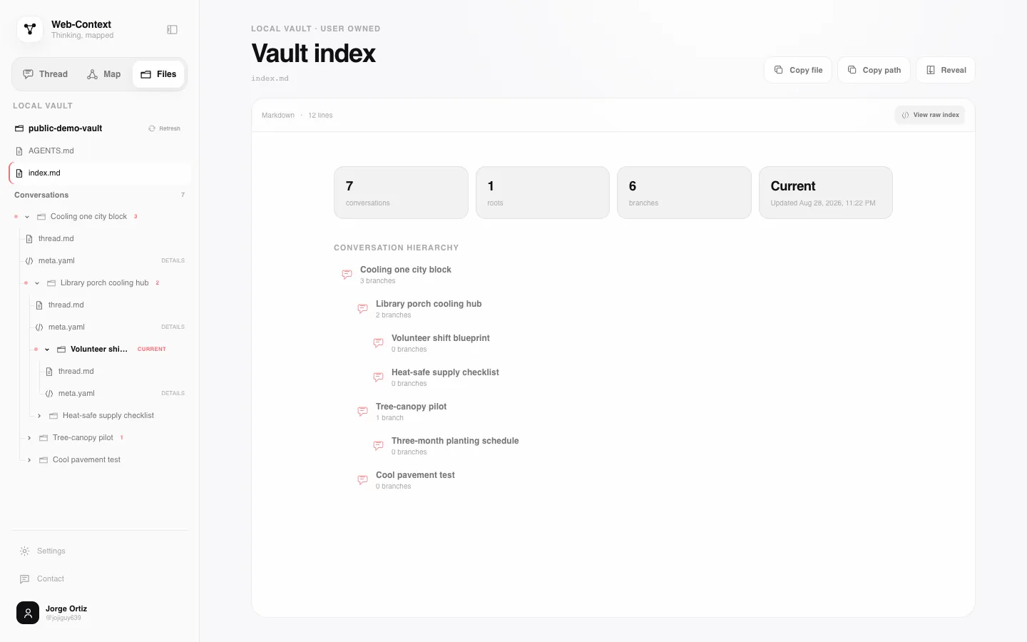 The local vault index showing seven conversations, six branches, and their file-backed hierarchy